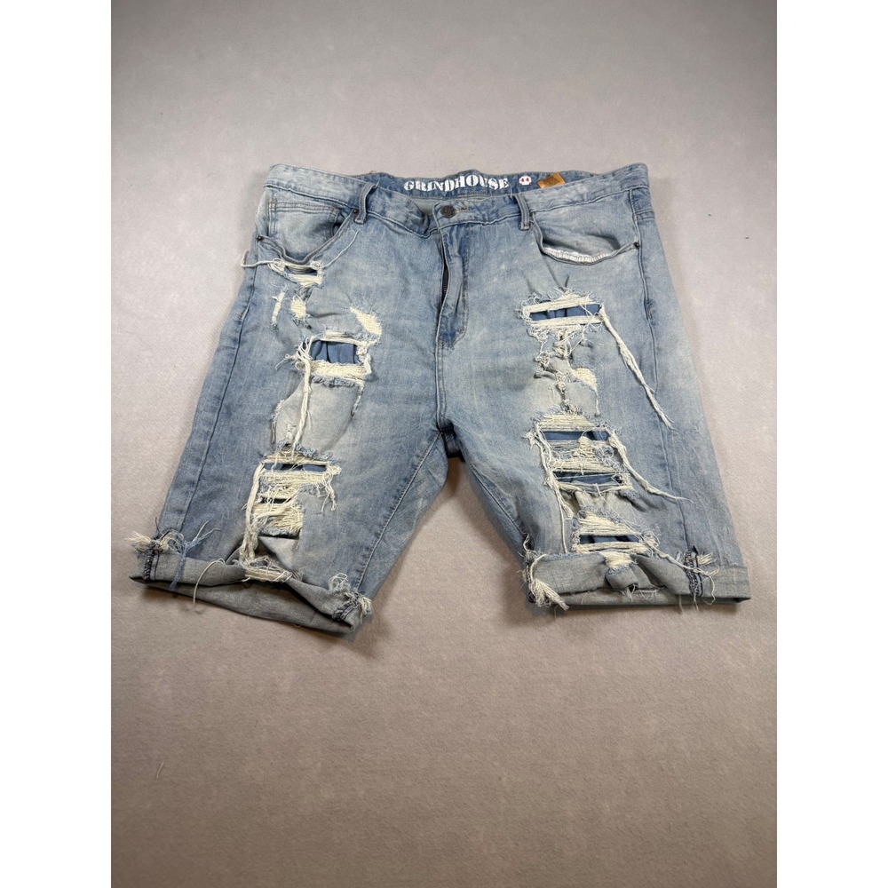 Grindhouse Denim Distress Jean Shorts Mens 44 Light Wash Blue Rip Repair Street